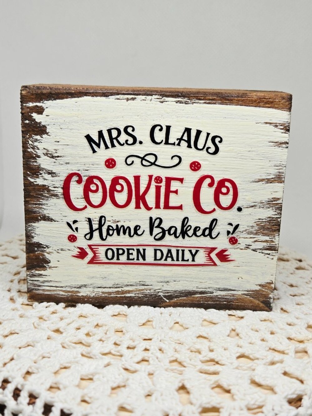 Handcrafted Christmas Shelf Sitter, Tiered Tray Decor Mrs Claus Cookie Co Sign